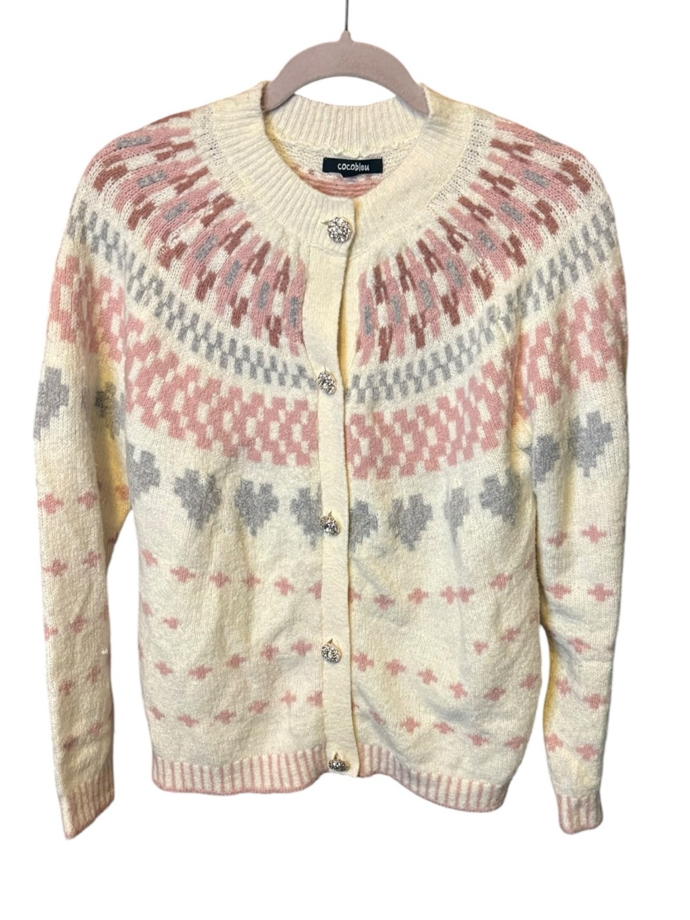 Cocobleu Fair Isle Cardigan Sweater Large Cream Pink Gray Jeweled Buttons